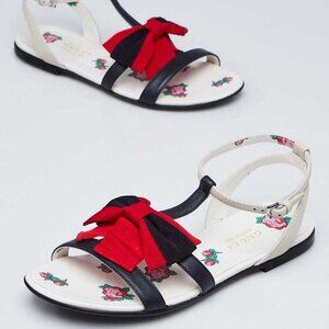 Gucci White/Blue Leather Vintage Web Bow T-Strap Open Toe Sandals Size 4.5/35